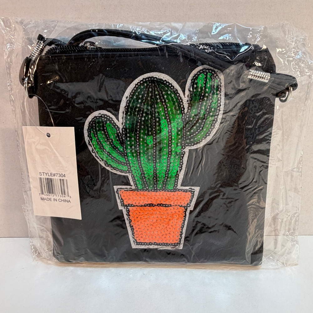 2 Moda Black Crossbody Bag‎ Cactus Sequin Pouch Women's Zipper Style 7304 NEW
